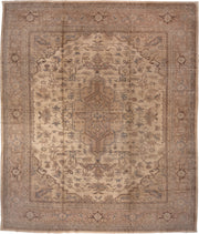 14' x 17' one-of-a-kind handmade antique Oushak oversize rug. Color palette: ivory, taupe, camel, brown, pale blue, beige
