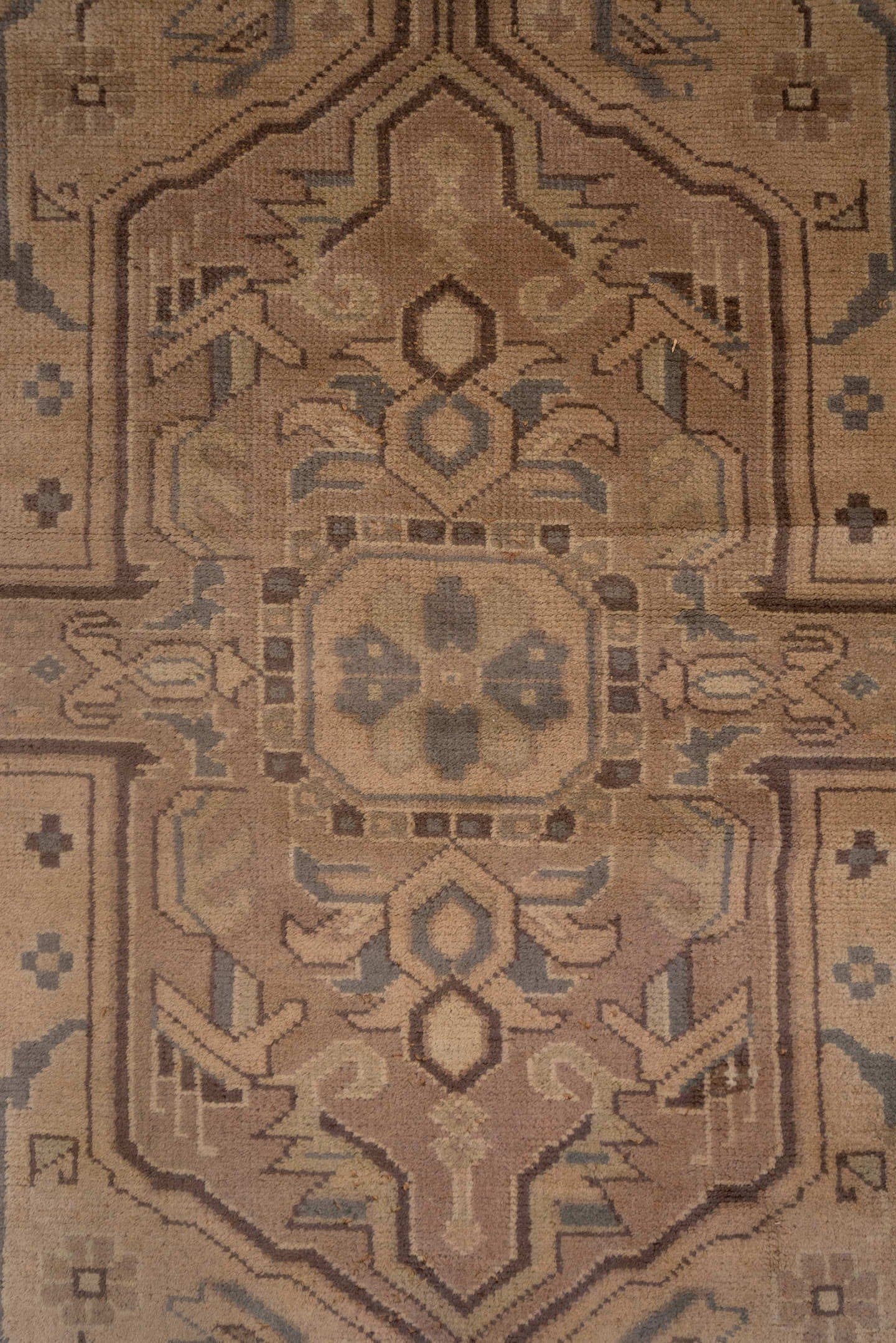 14' x 17' one-of-a-kind handmade antique Oushak oversize rug. Color palette: ivory, taupe, camel, brown, pale blue, beige