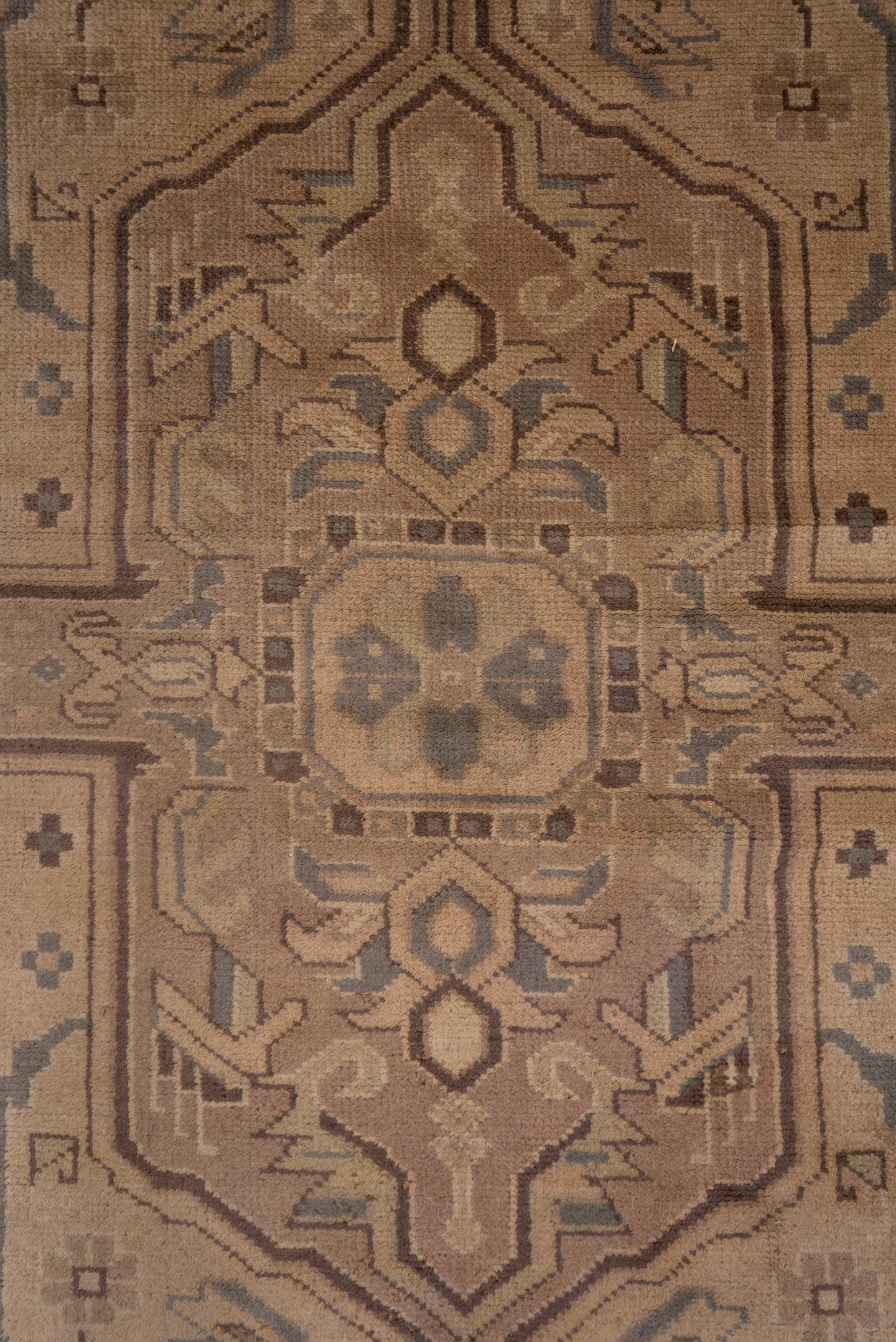 14' x 17' one-of-a-kind handmade antique Oushak oversize rug. Color palette: ivory, taupe, camel, brown, pale blue, beige