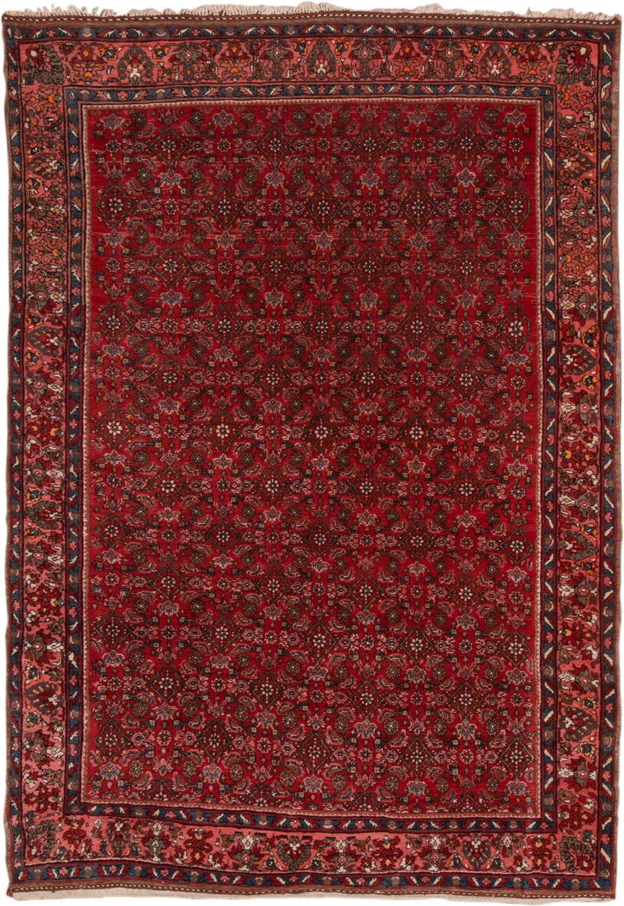 5' x 7' one-of-a-kind handmade antique Bidjar rug. Color palette: red, navy, rust, rose, ivory, charcoal, blue, terracotta