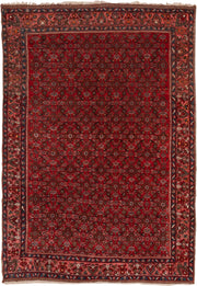 5' x 7' one-of-a-kind handmade antique Bidjar rug. Color palette: red, navy, rust, rose, ivory, charcoal, blue, terracotta