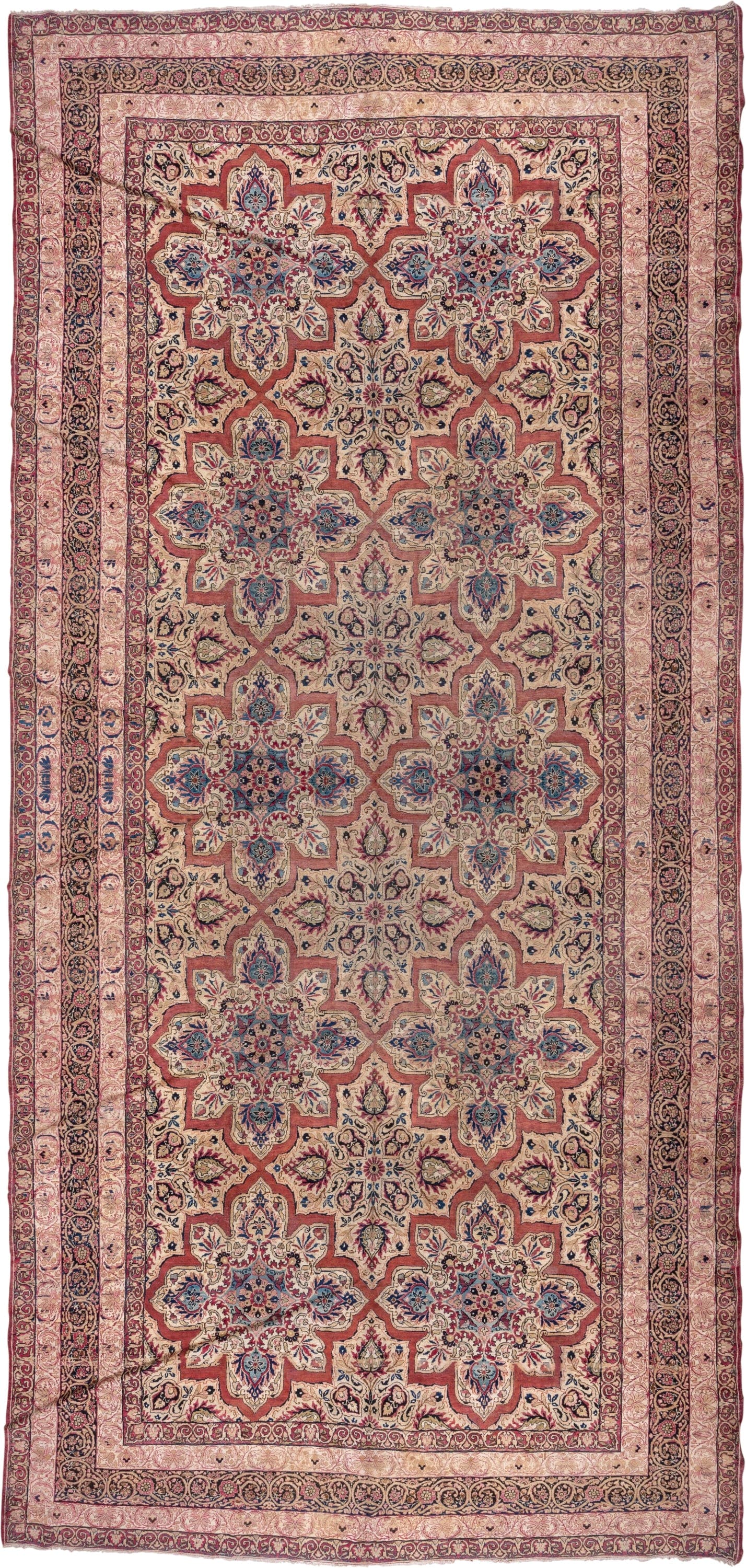 9' x 21' one-of-a-kind handmade antique Lavar rug. Color palette: rose, ivory, burgundy, indigo, dusty blue, blush, taupe