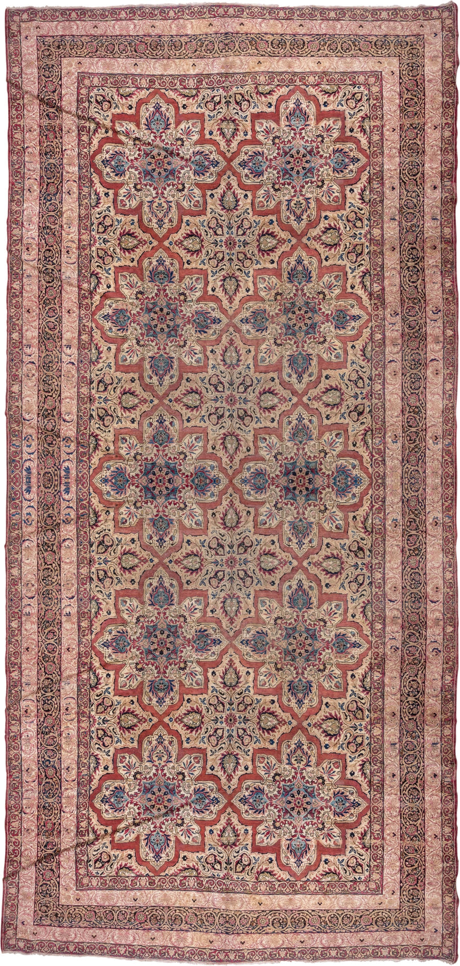 9' x 21' one-of-a-kind handmade antique Lavar rug. Color palette: rose, ivory, burgundy, indigo, dusty blue, blush, taupe