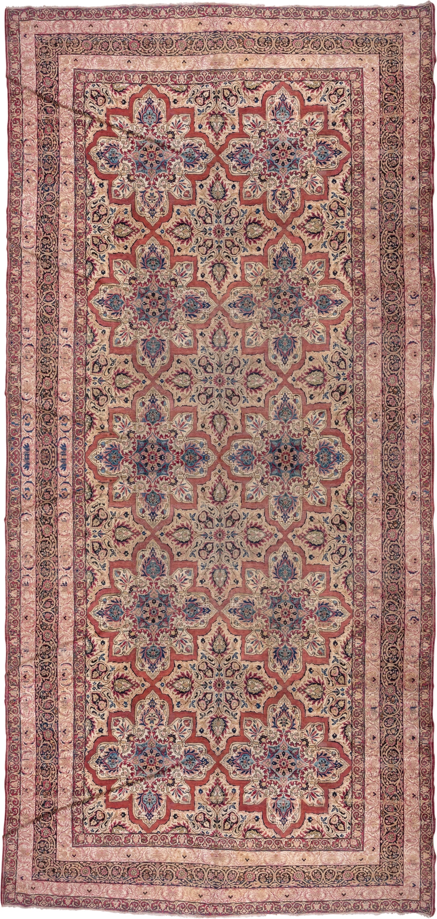 9' x 21' one-of-a-kind handmade antique Lavar rug. Color palette: rose, ivory, burgundy, indigo, dusty blue, blush, taupe