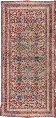9' x 21' one-of-a-kind handmade antique Lavar rug. Color palette: rose, ivory, burgundy, indigo, dusty blue, blush, taupe