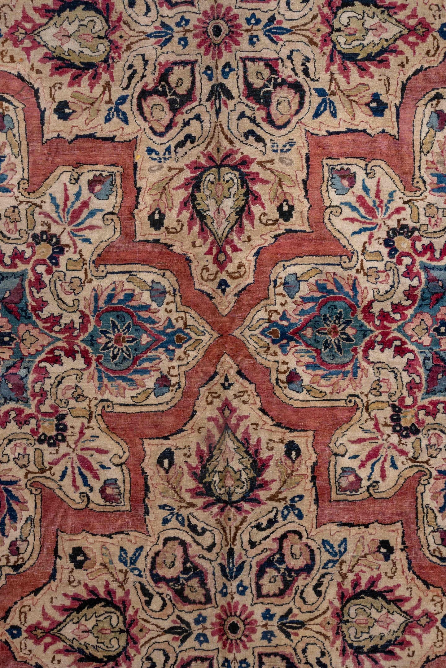 9' x 21' one-of-a-kind handmade antique Lavar rug. Color palette: rose, ivory, burgundy, indigo, dusty blue, blush, taupe