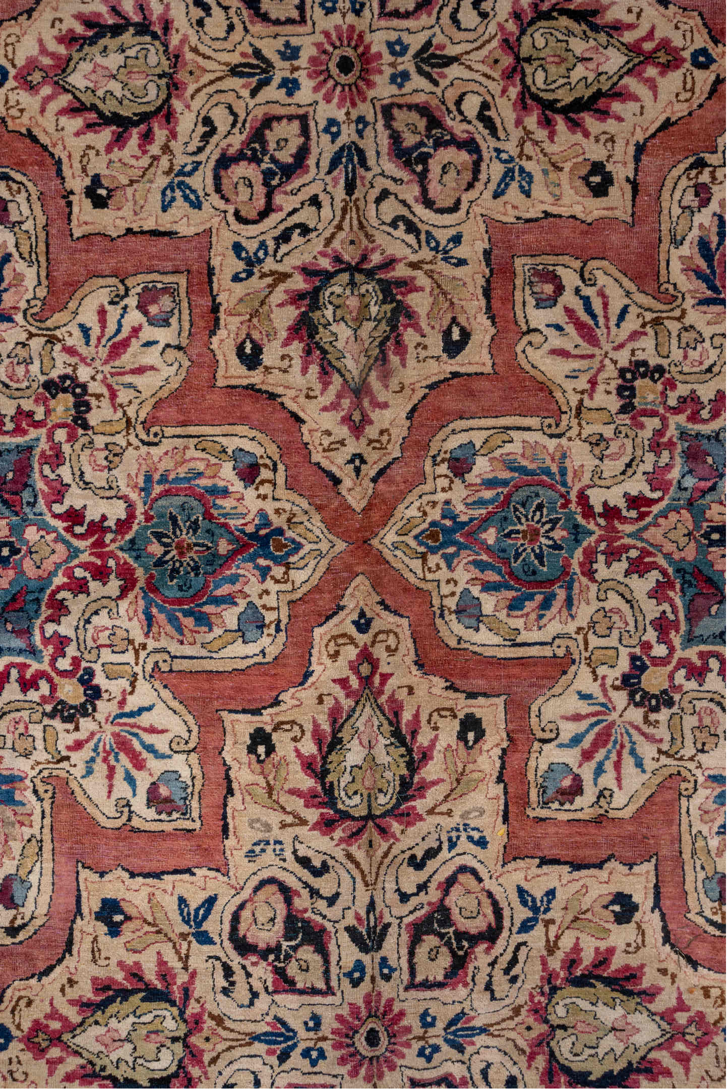 9' x 21' one-of-a-kind handmade vintage Lavar rug. Color palette: blue, brown, fiord, gray, off-white, orange, pink, red
