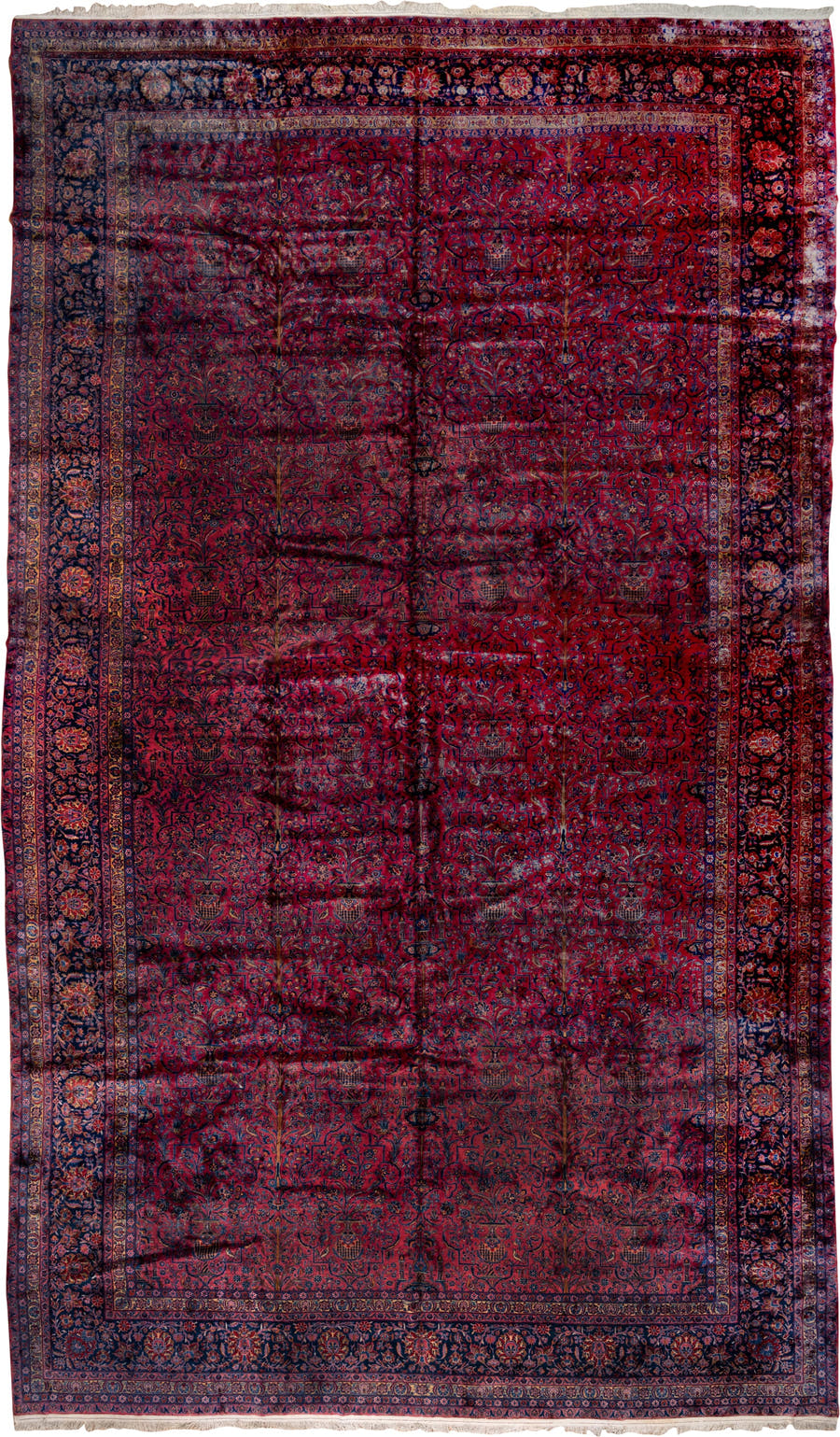 15' x 26' one-of-a-kind handmade antique Kashan oversize rug. Color palette: crimson, navy, burgundy, rose, ivory, slate