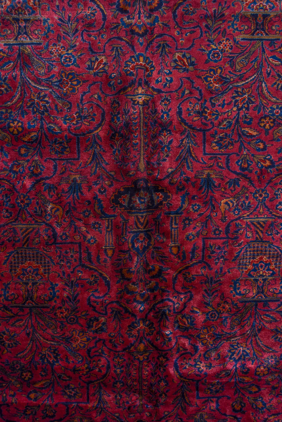 15' x 26' one-of-a-kind handmade antique Kashan oversize rug. Color palette: crimson, navy, burgundy, rose, ivory, slate