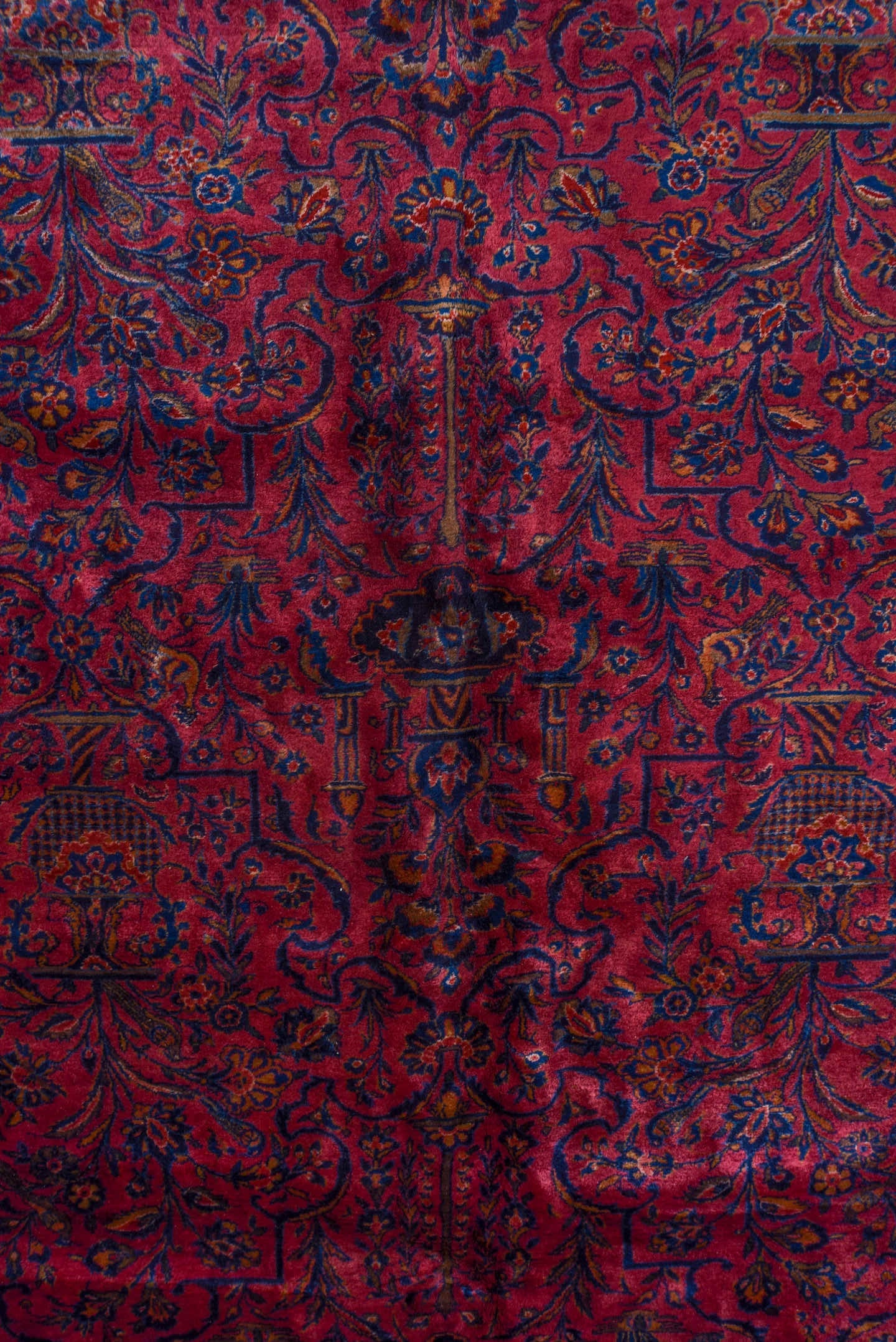 15' x 26' one-of-a-kind handmade antique Kashan oversize rug. Color palette: crimson, navy, burgundy, rose, ivory, slate