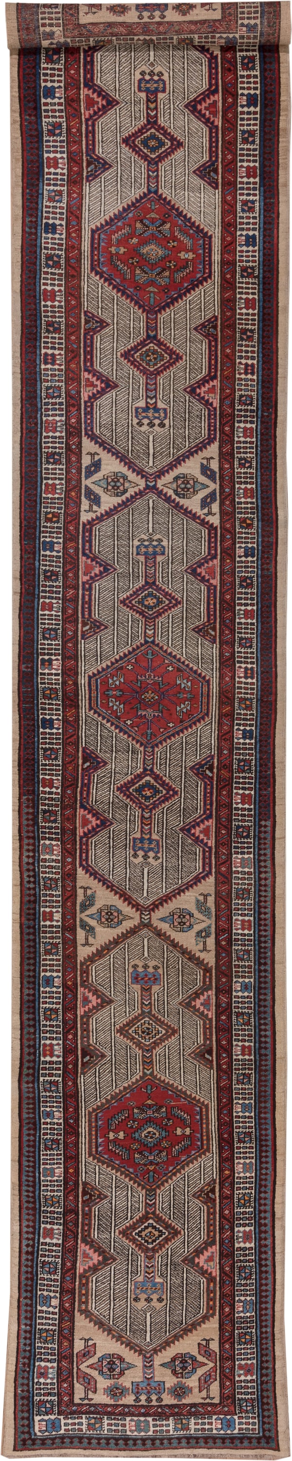 3' x 17' one-of-a-kind handmade vintage Sarab runner rug. Color palette: ivory, rust, indigo, soft_blue, brown, burgundy
