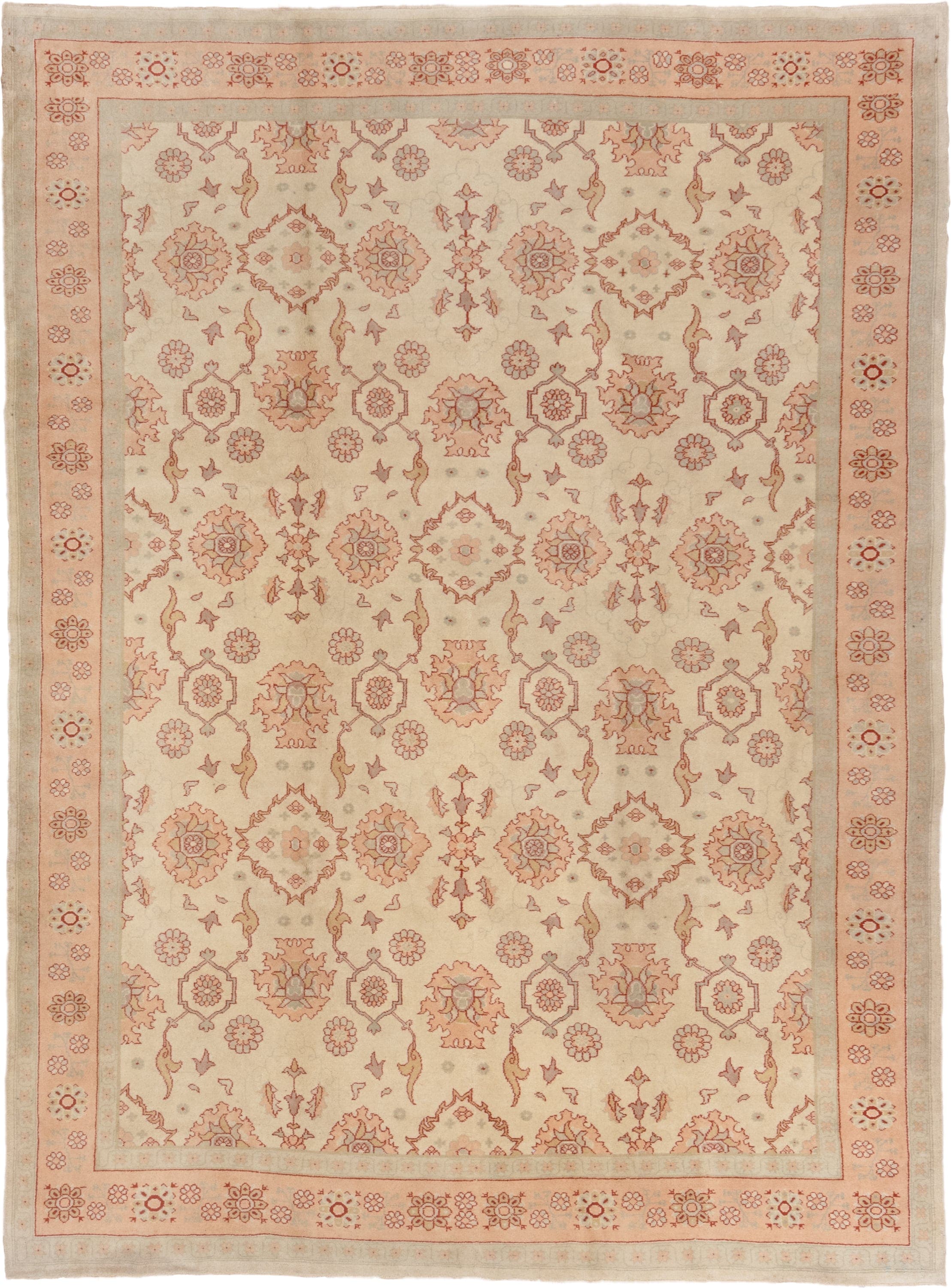 7' x 10' one-of-a-kind handmade vintage Oushak large size rug. Color palette: ivory, blush, peach, taupe, sand, rose, pink