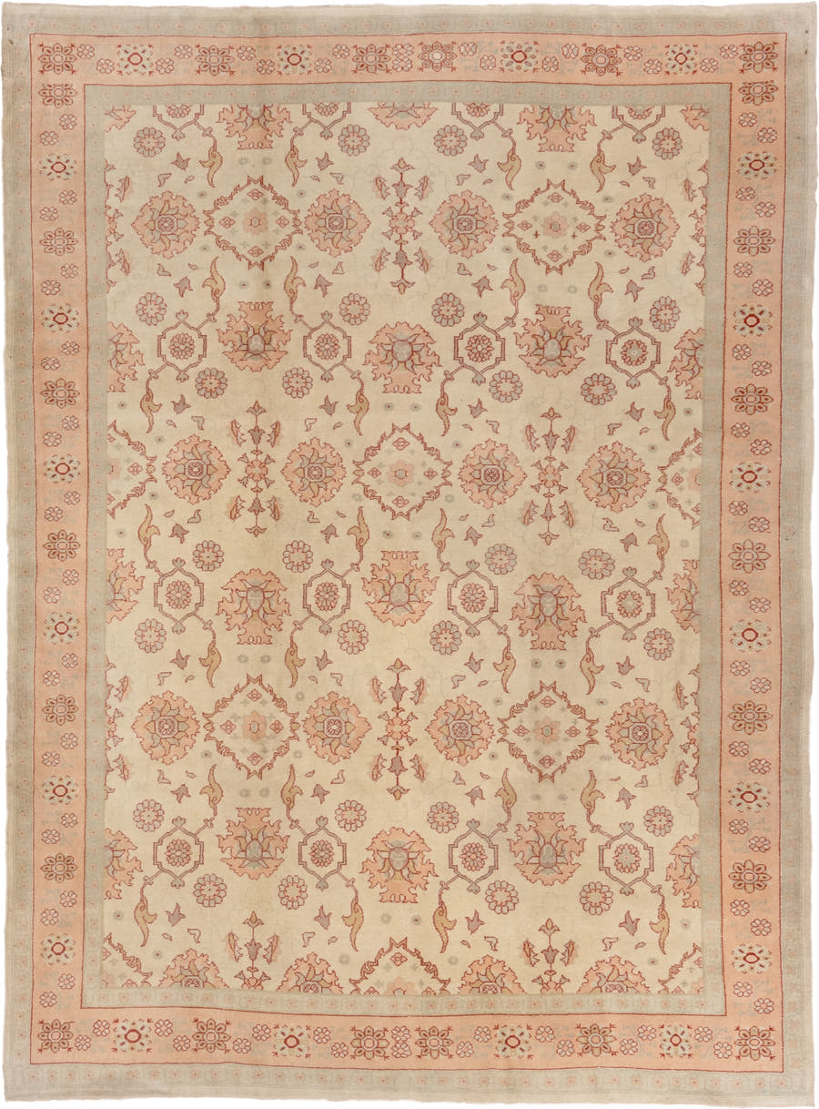 7' x 10' one-of-a-kind handmade vintage Oushak large size rug. Color palette: ivory, blush, peach, taupe, sand, rose, pink