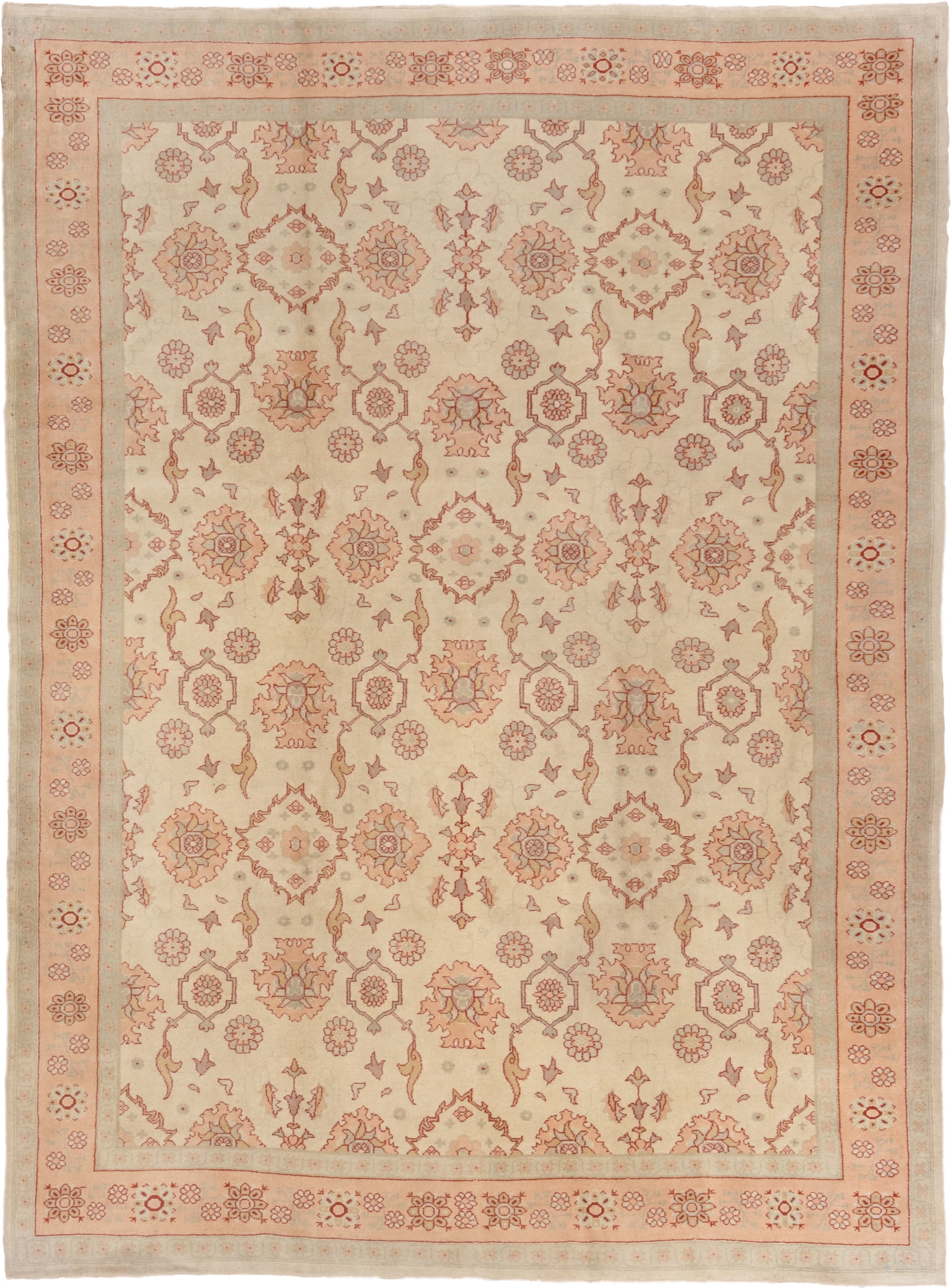 7' x 10' one-of-a-kind handmade vintage Oushak large size rug. Color palette: ivory, blush, peach, taupe, sand, rose, pink