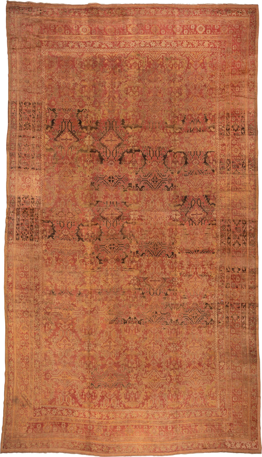 16' x 28' one-of-a-kind handmade antique Oushak oversize rug. Color palette: terra cotta, salmon, gold, rust, camel, brown