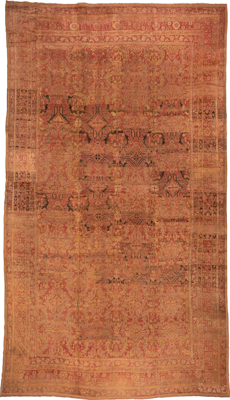 16' x 28' one-of-a-kind handmade vintage Oushak oversize rug. Color palette: brown, orange, pink, sienna
