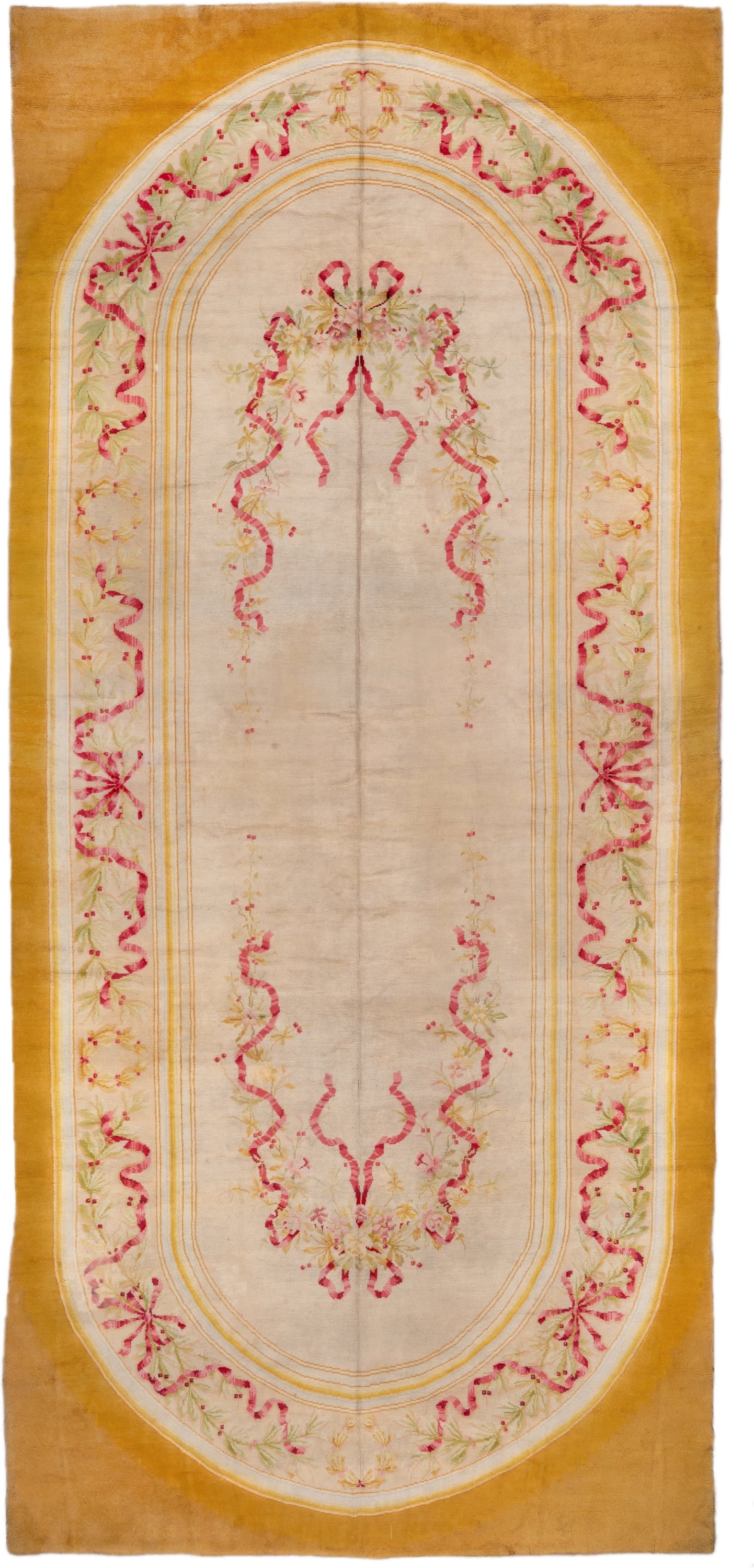 12' x 28' one-of-a-kind handmade antique Savonnerie oversize rug. Color palette: gold, ivory, rose, sage, cream, soft_green