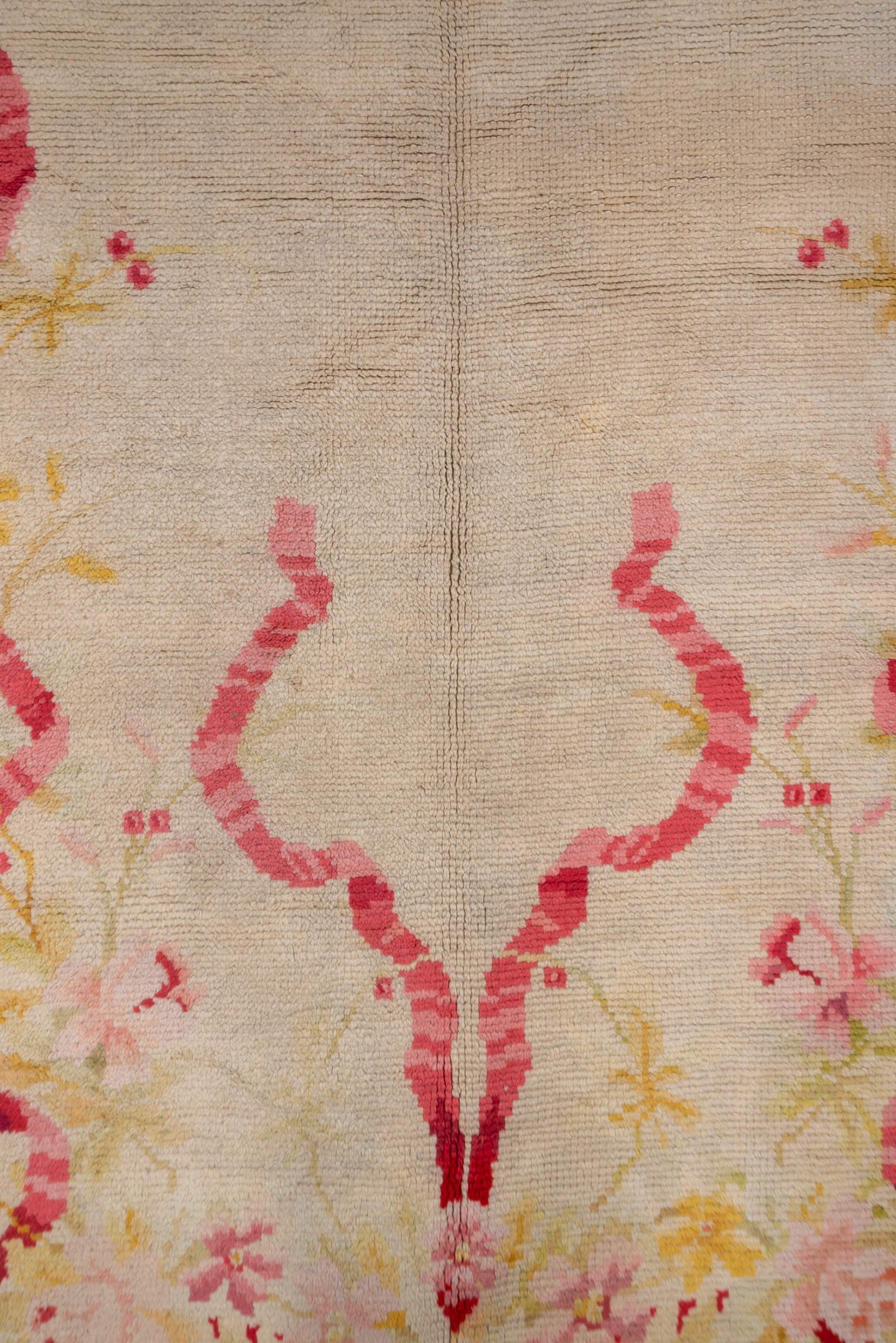 12' x 28' one-of-a-kind handmade antique Savonnerie oversize rug. Color palette: gold, ivory, rose, sage, cream, soft_green