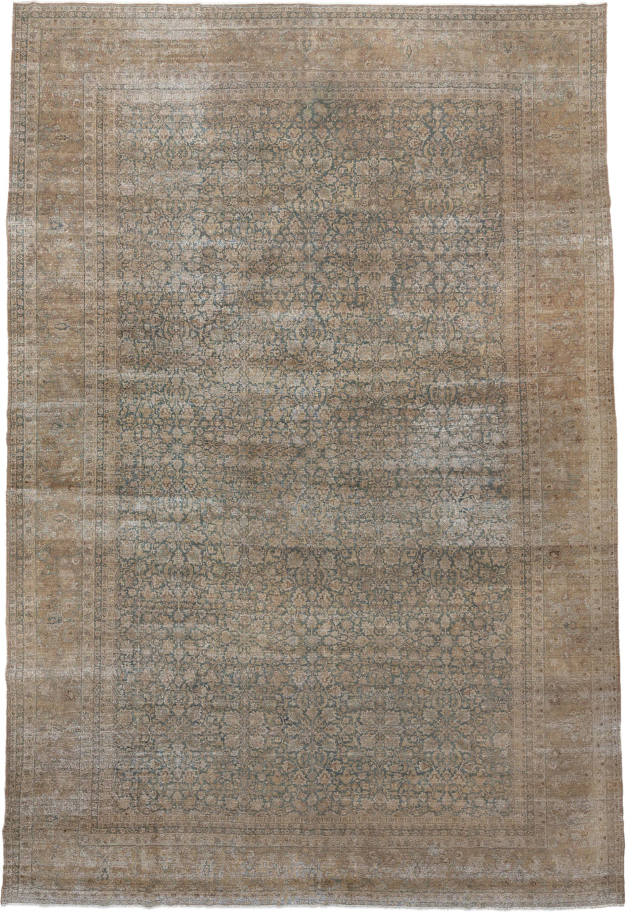 11' x 16' one-of-a-kind handmade antique Tabriz oversize rug. Color palette: taupe, faded blue, beige, ivory, camel, slate
