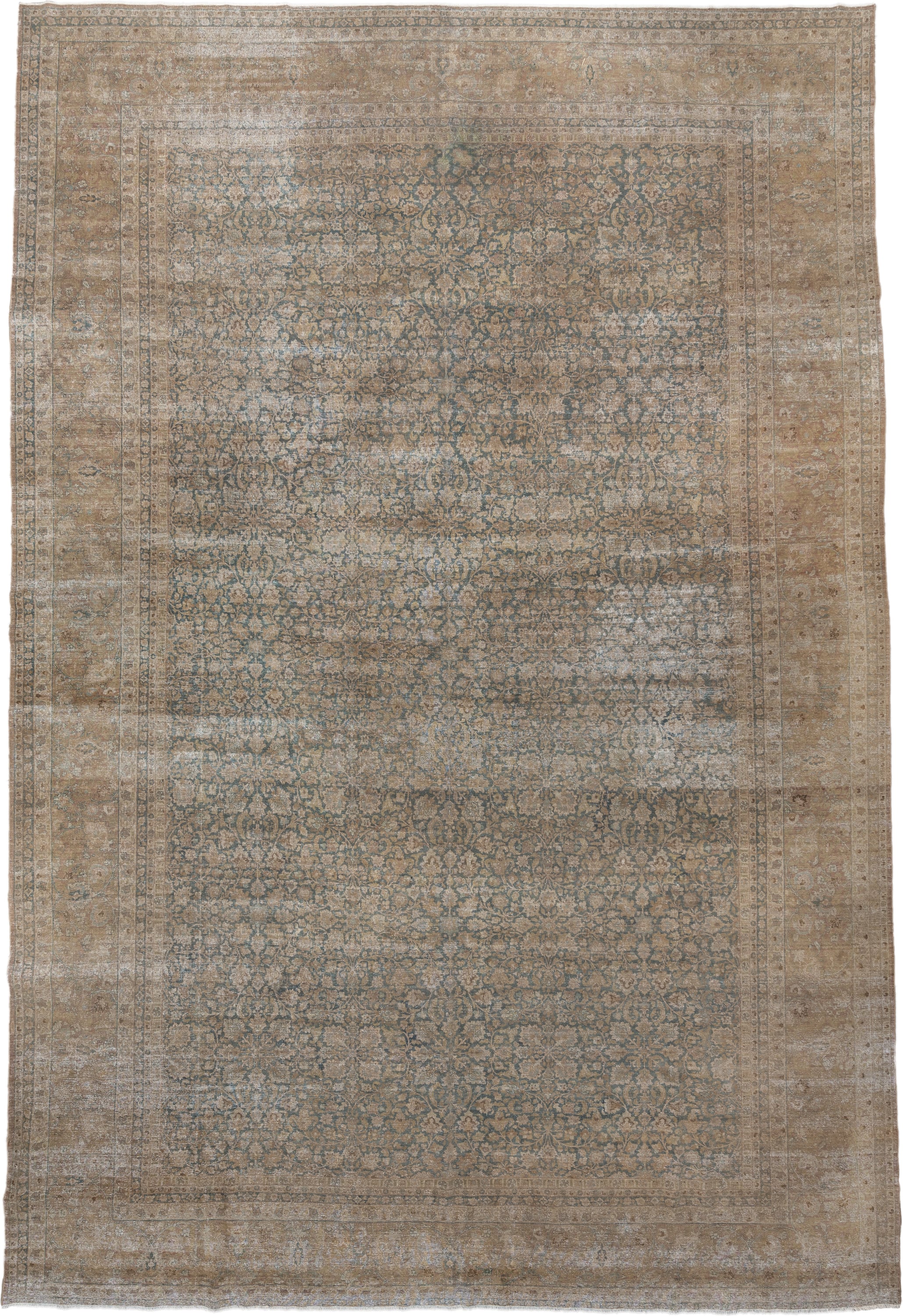 11' x 16' one-of-a-kind handmade antique Tabriz oversize rug. Color palette: taupe, faded blue, beige, ivory, camel, slate