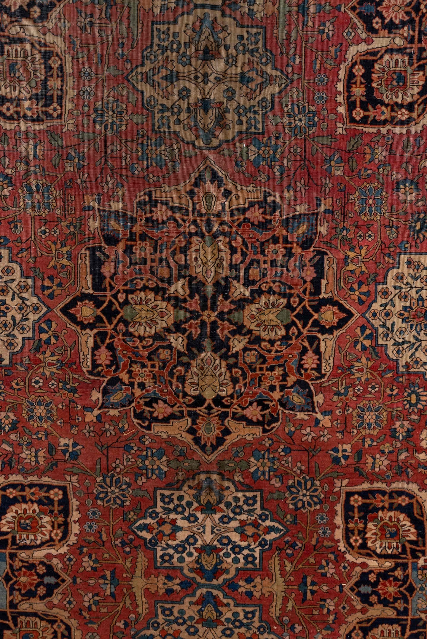 10' x 13' one-of-a-kind handmade antique Mohtasham Kashan large size rug. Color palette: rust, navy, ivory, soft blue, rose