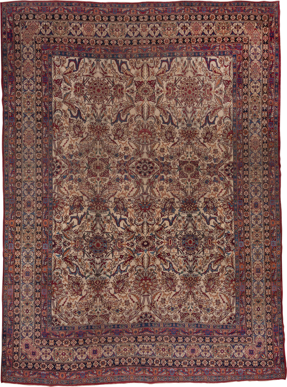 11' x 15' one-of-a-kind handmade antique Lavar oversize rug. Color palette: ivory, indigo, rust, burgundy, camel, navy, rose