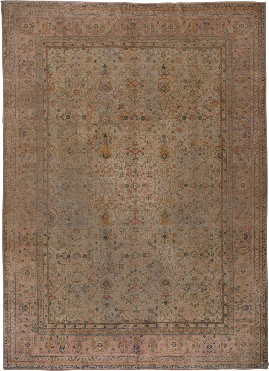 8' x 12' one-of-a-kind handmade antique Sivas large size rug. Color palette: ivory, salmon, taupe, dusty rose, sage, gold