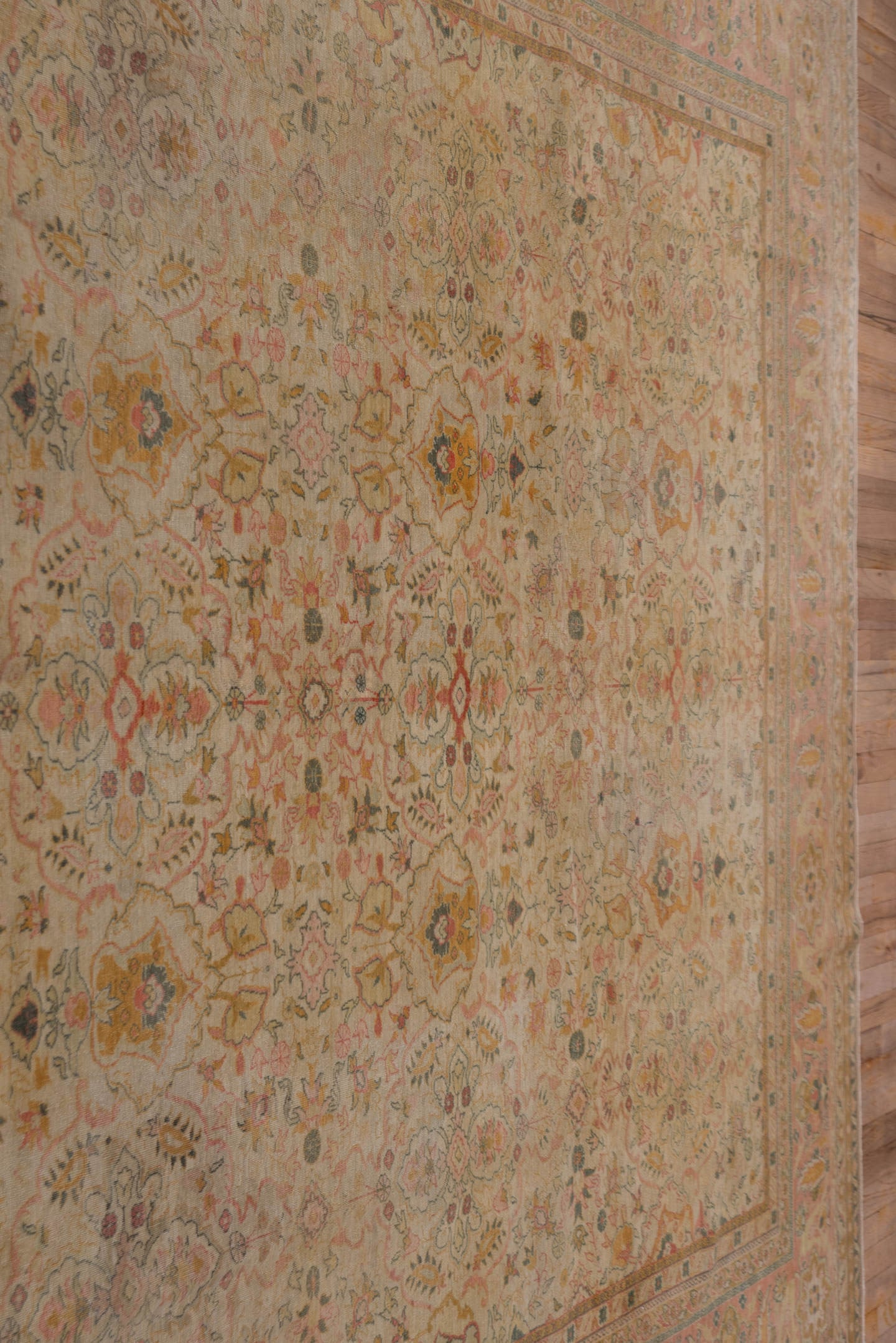 8' x 12' one-of-a-kind handmade antique Sivas large size rug. Color palette: ivory, salmon, taupe, dusty rose, sage, gold