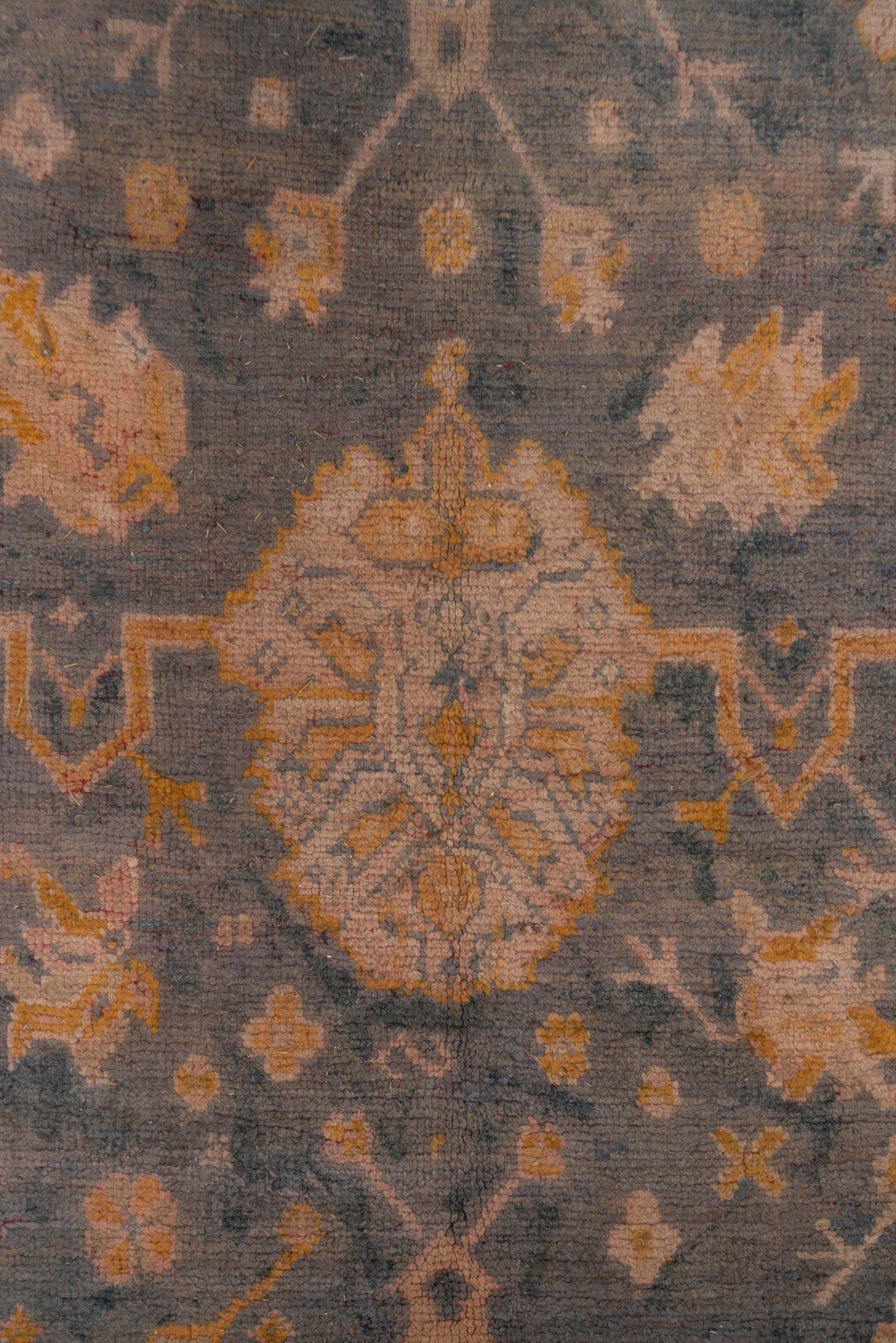 11' x 14' one-of-a-kind handmade antique Oushak oversize rug. Color palette: ivory, slate, gold, peach, taupe, saffron