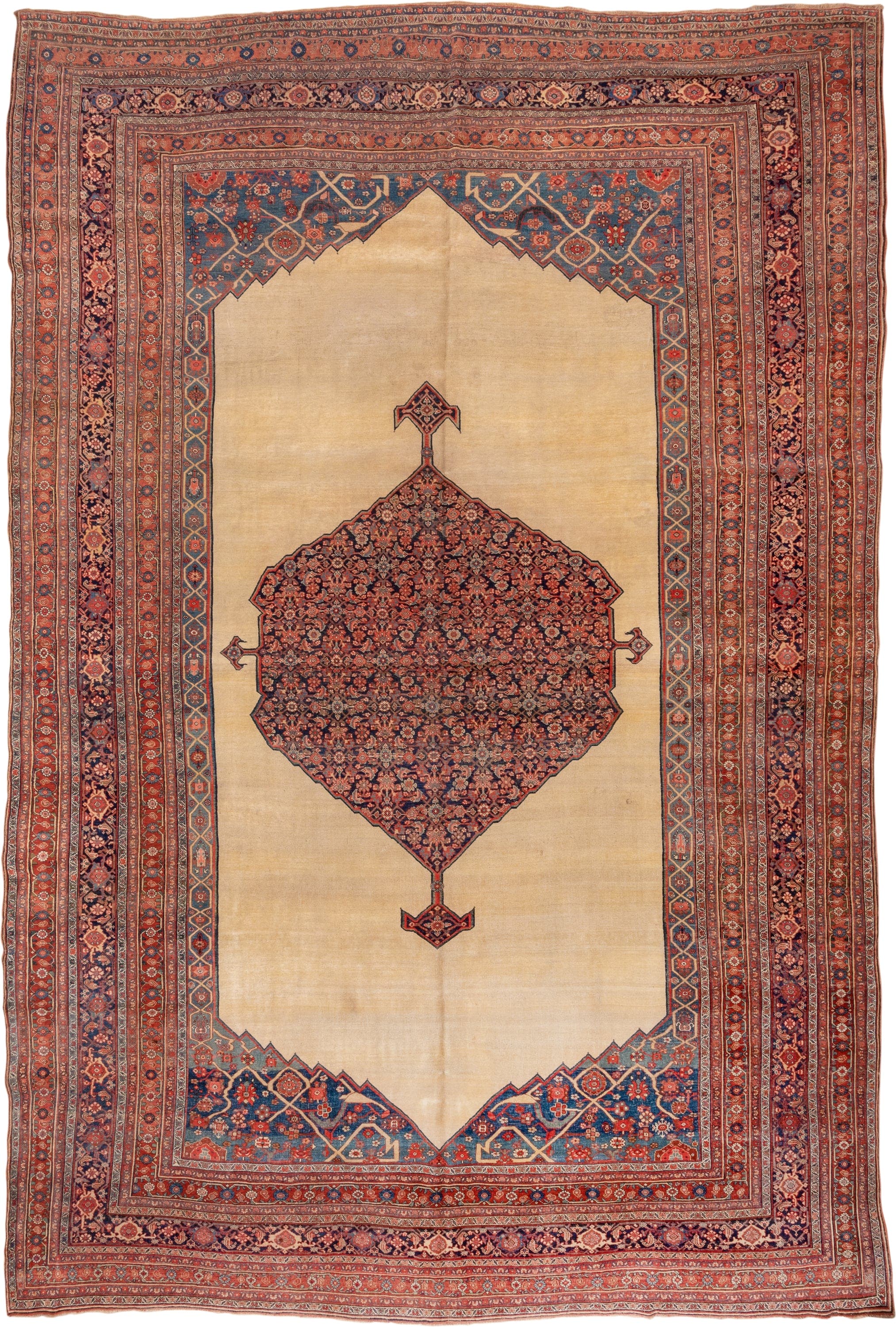 11' x 17' one-of-a-kind handmade antique Bidjar oversize rug. Color palette: ivory, rust, indigo, terracotta, navy, camel