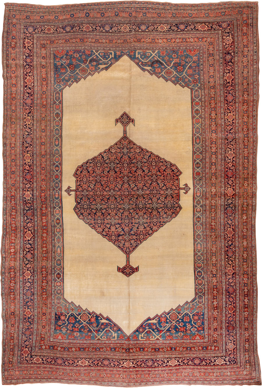 11' x 17' one-of-a-kind handmade antique Bidjar oversize rug. Color palette: ivory, rust, indigo, terracotta, navy, camel