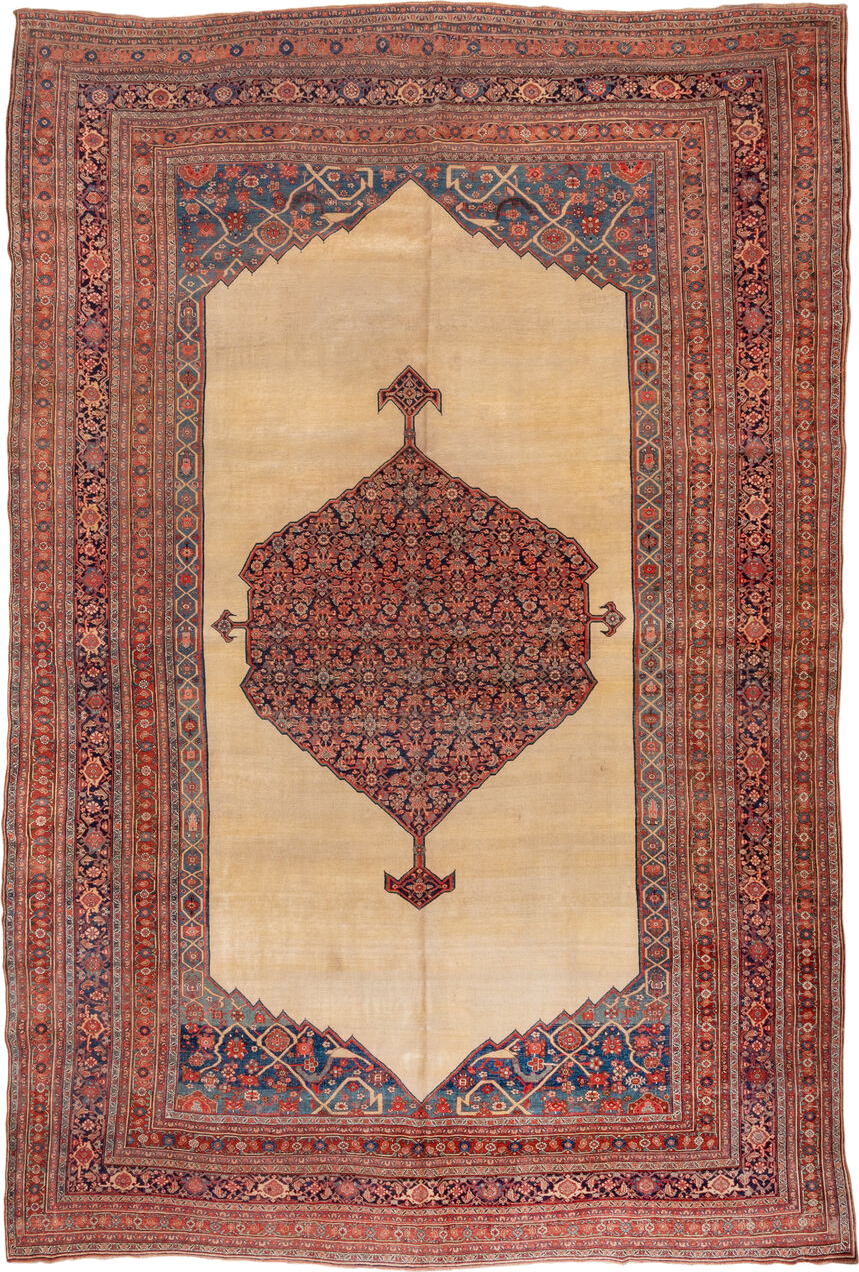 11' x 17' one-of-a-kind handmade antique Bidjar oversize rug. Color palette: ivory, rust, indigo, terracotta, navy, camel