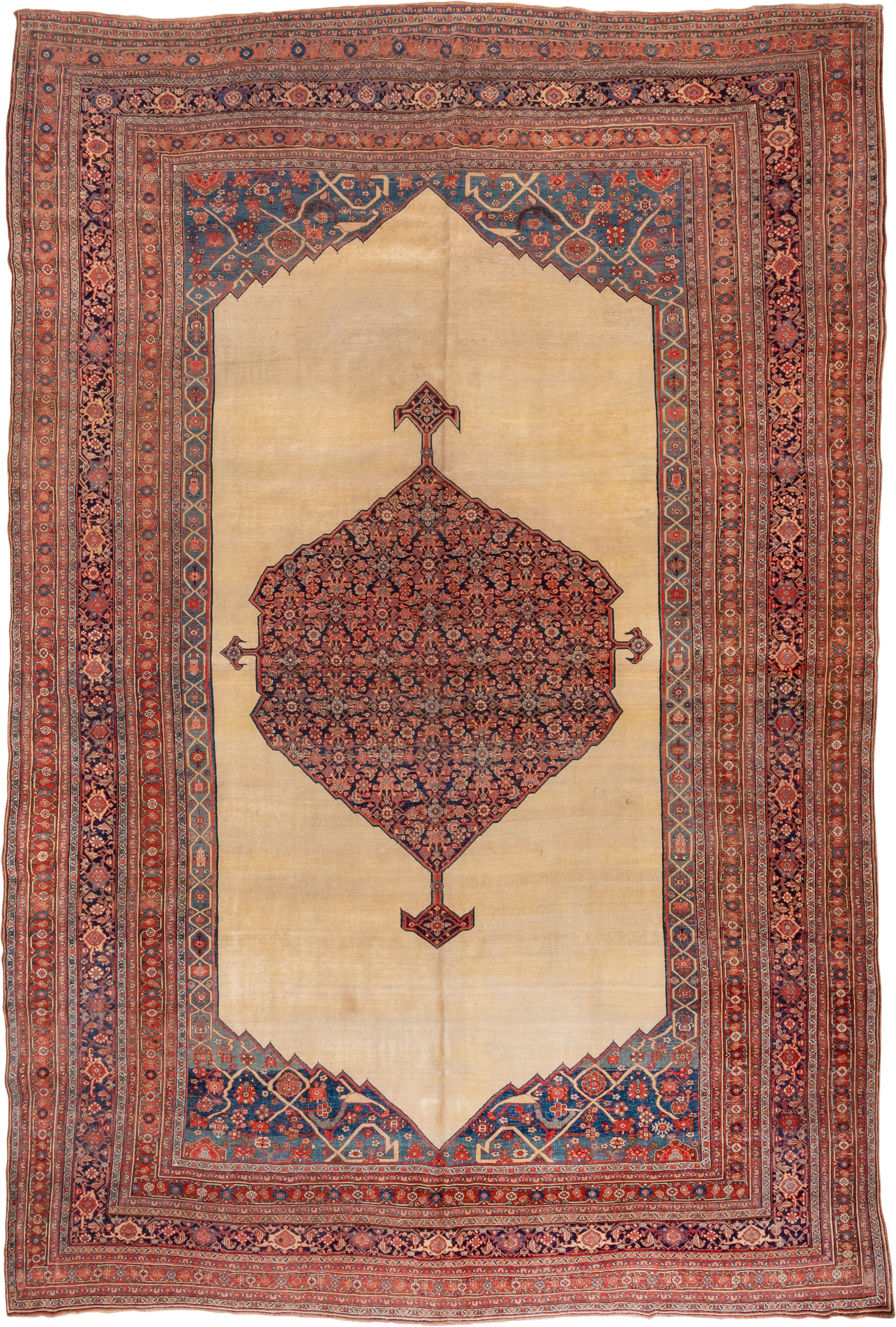 11' x 17' one-of-a-kind handmade antique Bidjar oversize rug. Color palette: ivory, rust, indigo, terracotta, navy, camel