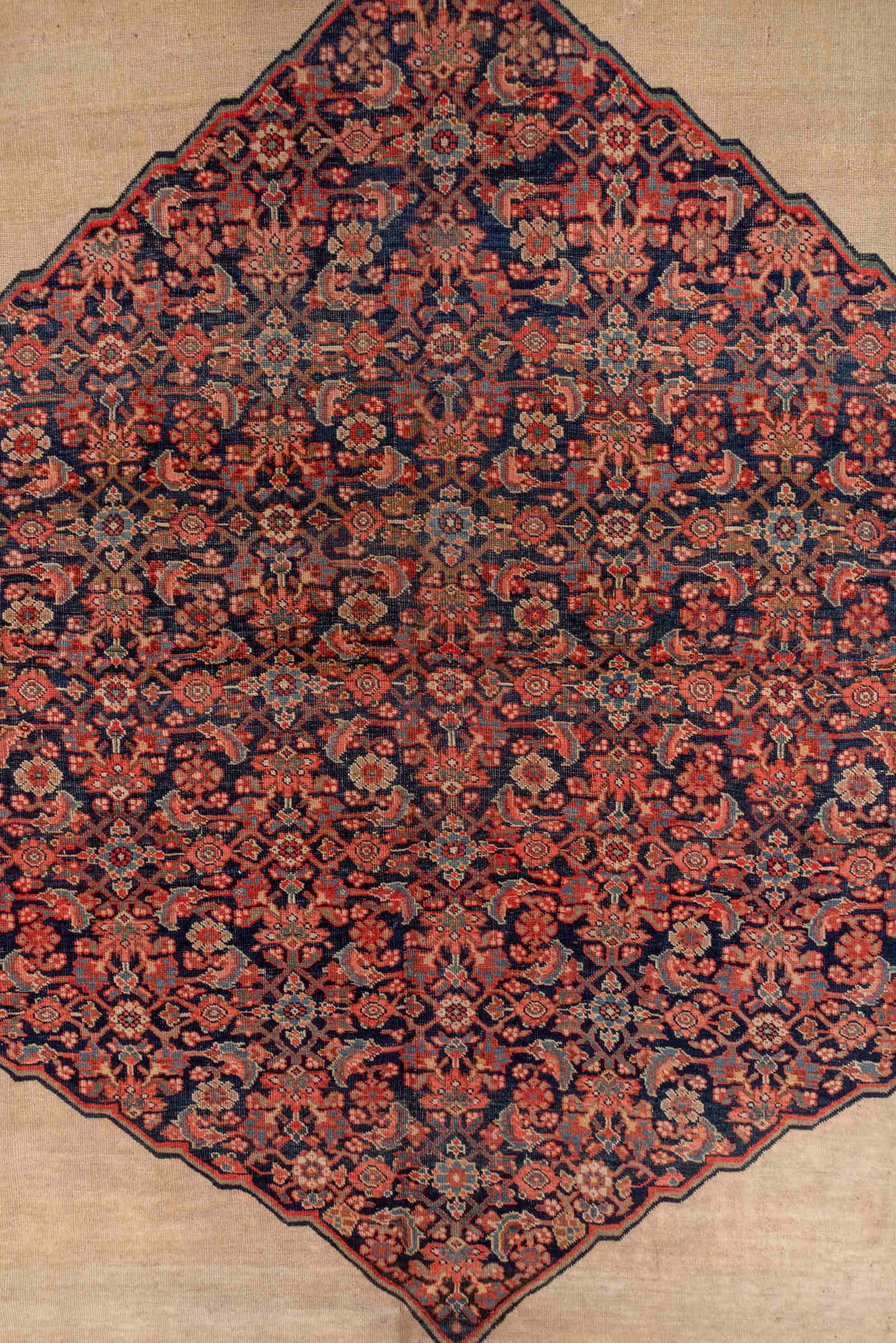11' x 17' one-of-a-kind handmade antique Bidjar oversize rug. Color palette: ivory, rust, indigo, terracotta, navy, camel