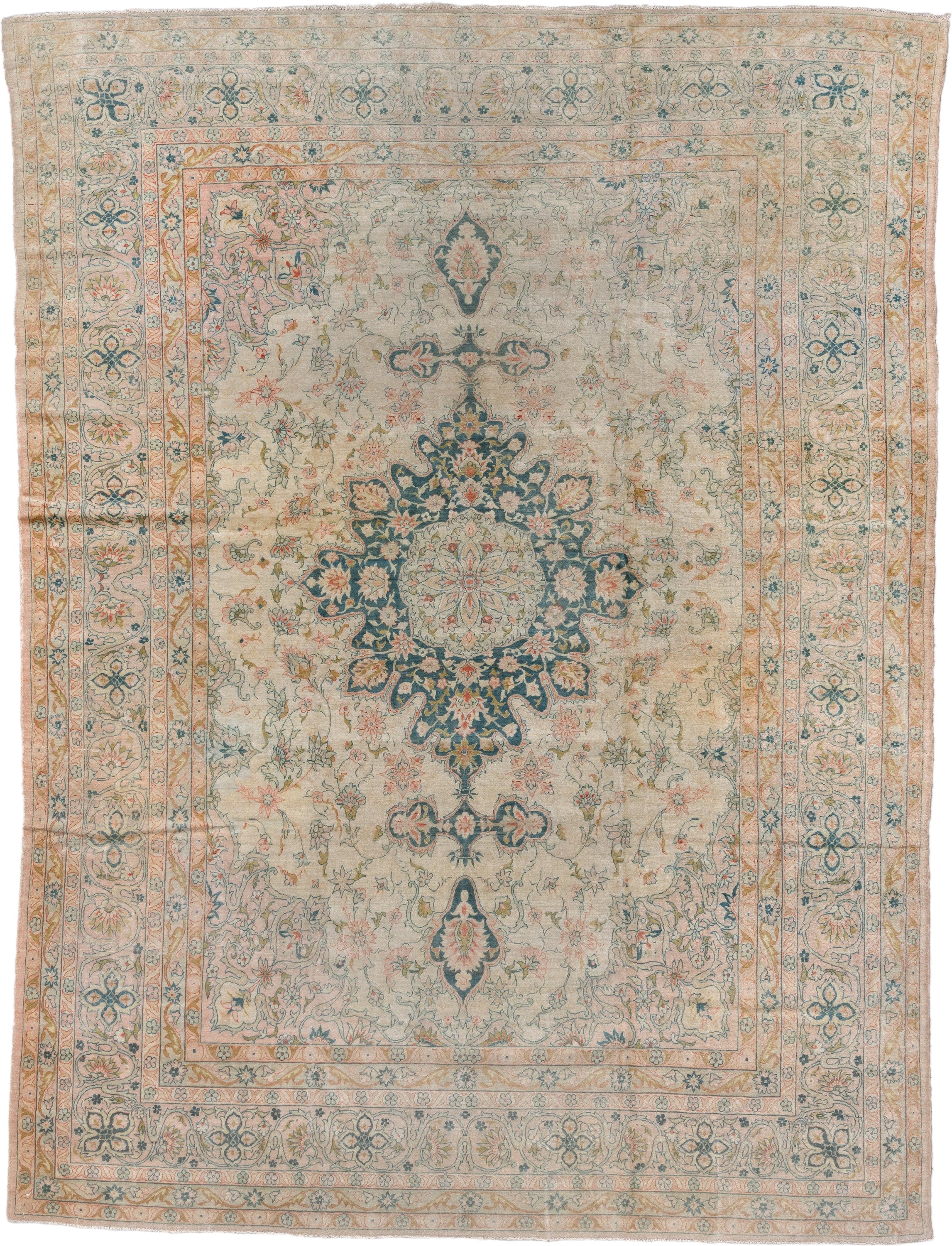 8' x 11' one-of-a-kind handmade antique Sivas large size rug. Color palette: ivory, peach, muted blue, sage, taupe, gold