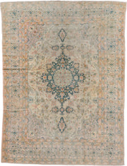 8' x 11' one-of-a-kind handmade antique Sivas large size rug. Color palette: ivory, peach, muted blue, sage, taupe, gold