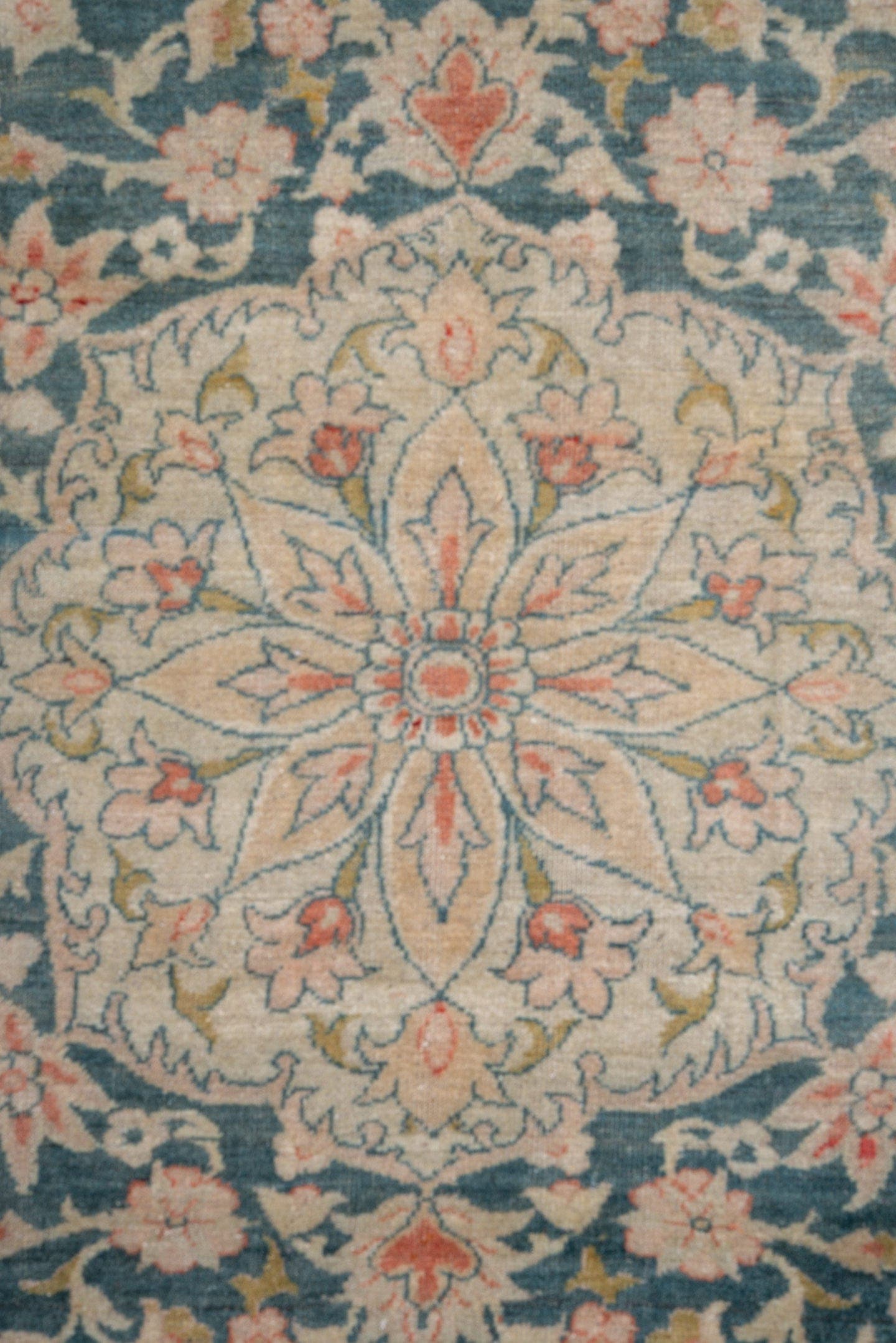 8' x 11' one-of-a-kind handmade antique Sivas large size rug. Color palette: ivory, peach, muted blue, sage, taupe, gold