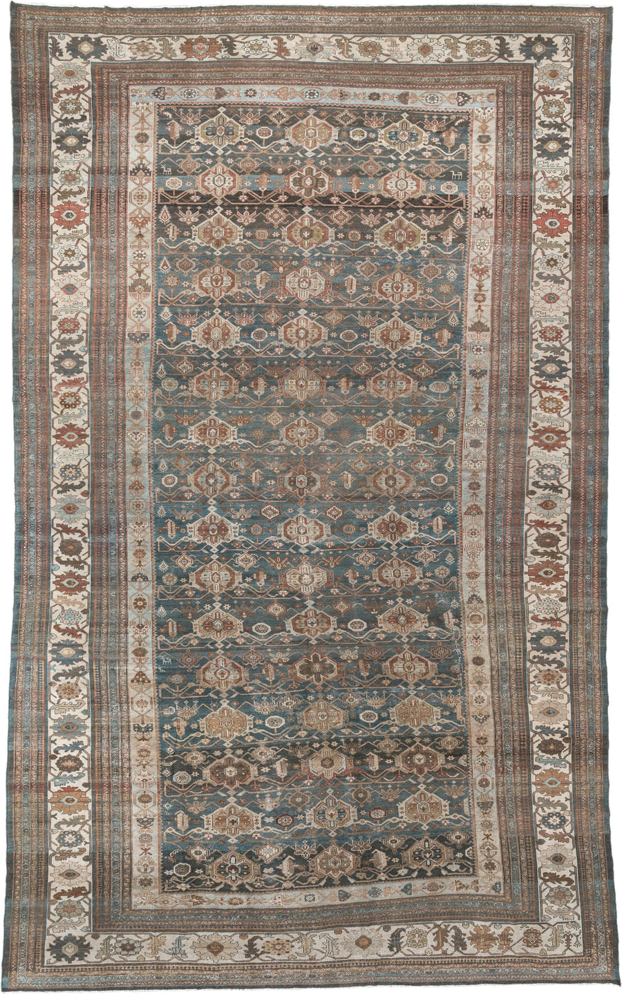 12' x 20' one-of-a-kind handmade antique Malayer oversize rug. Color palette: blue, ivory, taupe, rust, charcoal, camel