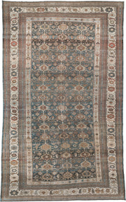 12' x 20' one-of-a-kind handmade antique Malayer oversize rug. Color palette: blue, ivory, taupe, rust, charcoal, camel