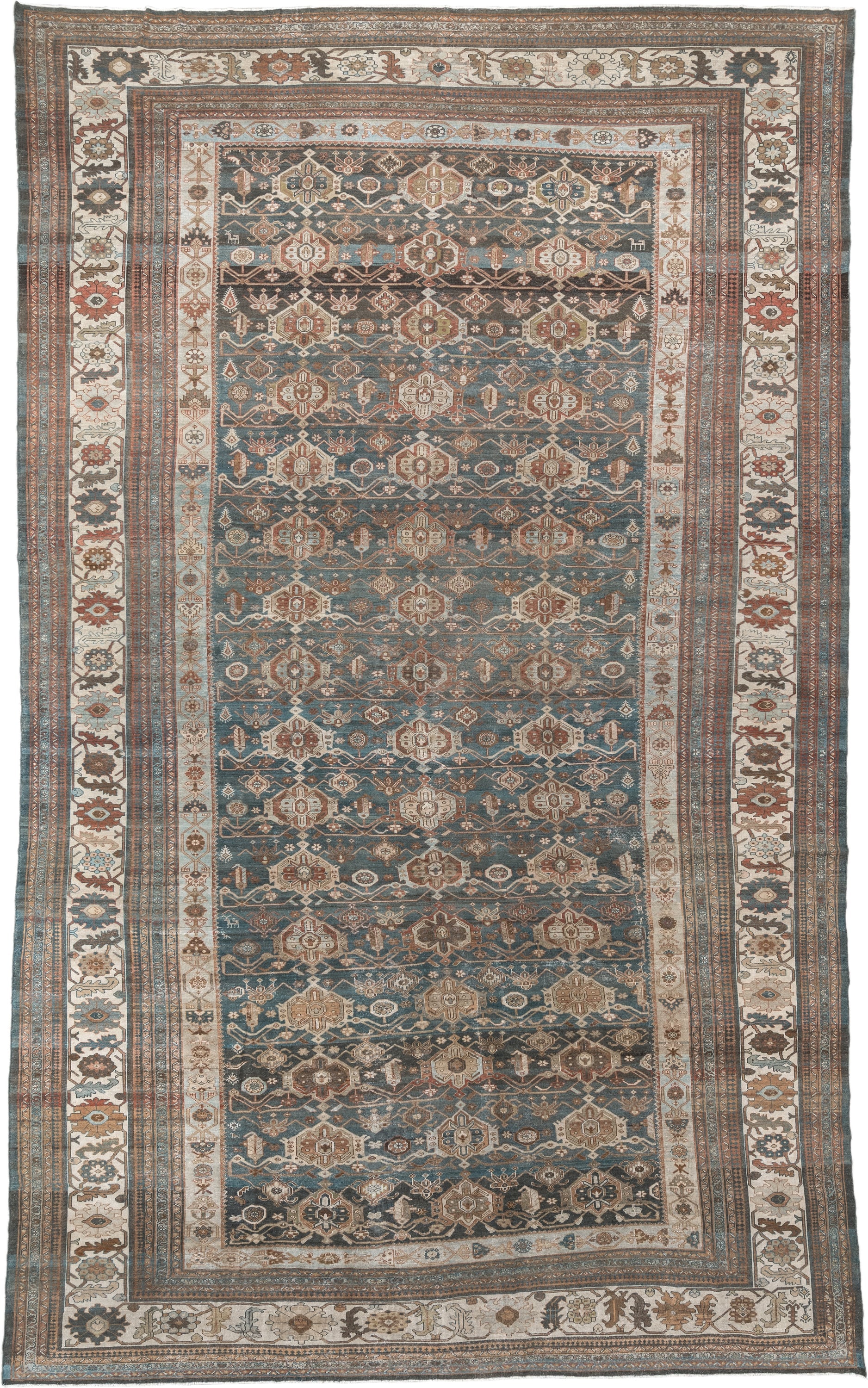 12' x 20' one-of-a-kind handmade antique Malayer oversize rug. Color palette: blue, ivory, taupe, rust, charcoal, camel