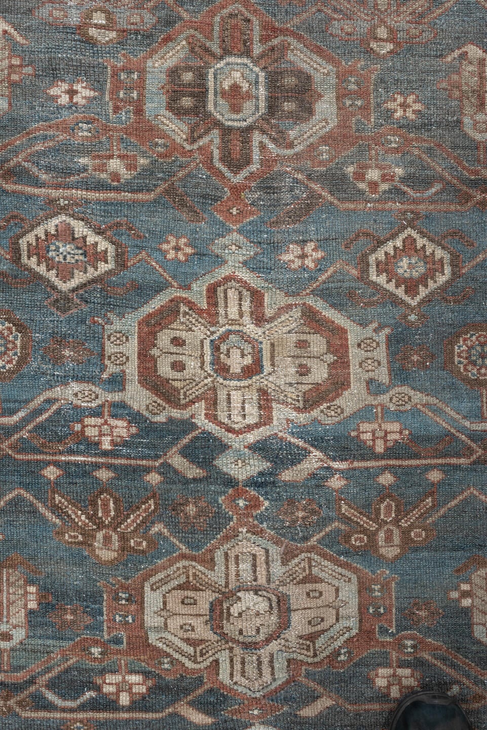 12' x 20' one-of-a-kind handmade antique Malayer oversize rug. Color palette: blue, ivory, taupe, rust, charcoal, camel
