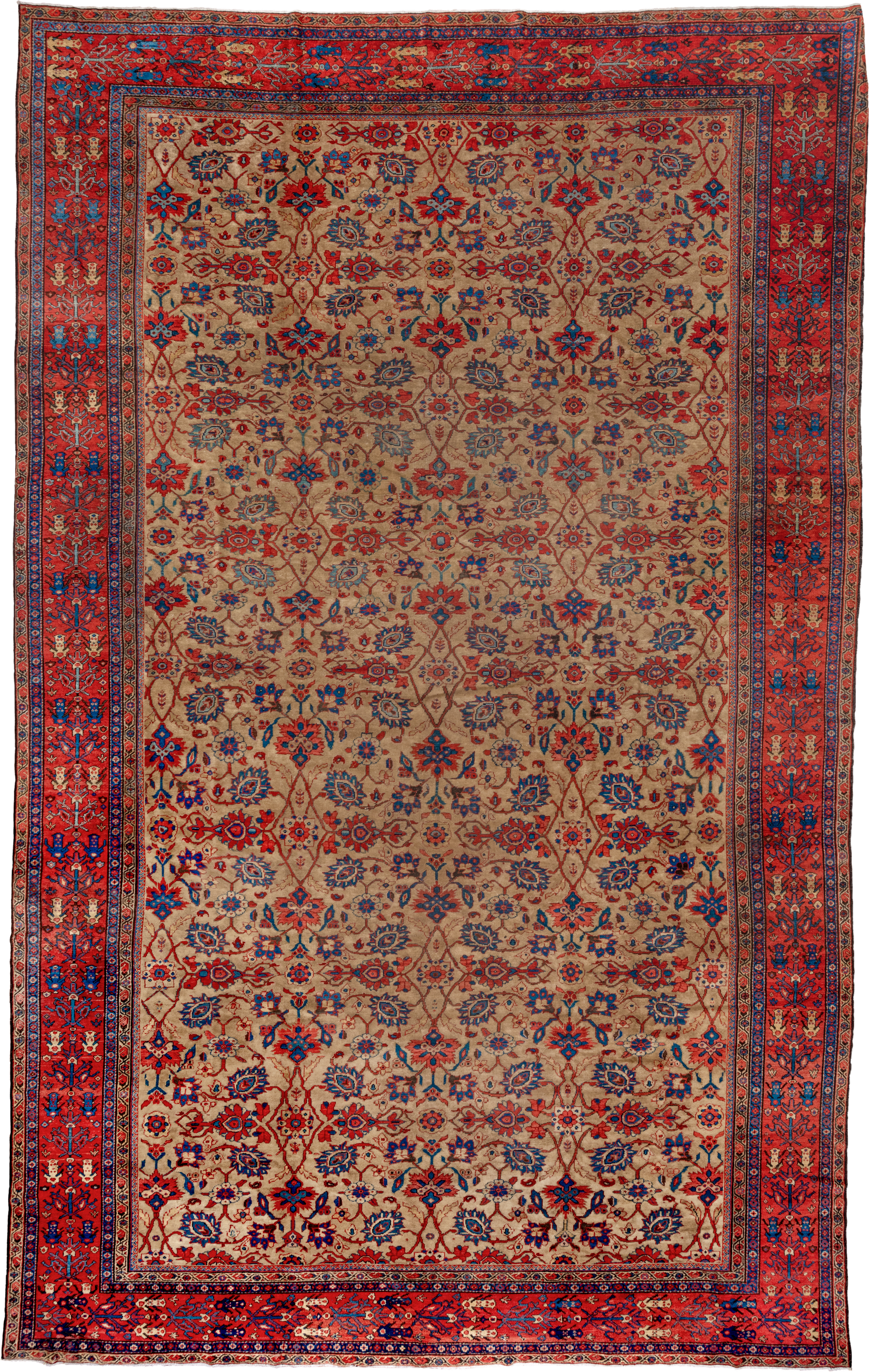 12' x 19' one-of-a-kind handmade antique Sultanabad oversize rug. Color palette: camel, rust, indigo, ivory, crimson, navy