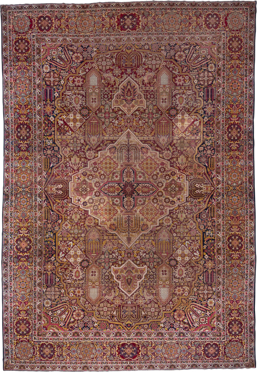 11' x 17' one-of-a-kind handmade antique Lavar oversize rug. Color palette: burgundy, ivory, navy, rose, gold, rust, camel