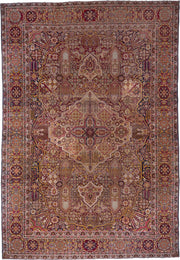 11' x 17' one-of-a-kind handmade antique Lavar oversize rug. Color palette: burgundy, ivory, navy, rose, gold, rust, camel