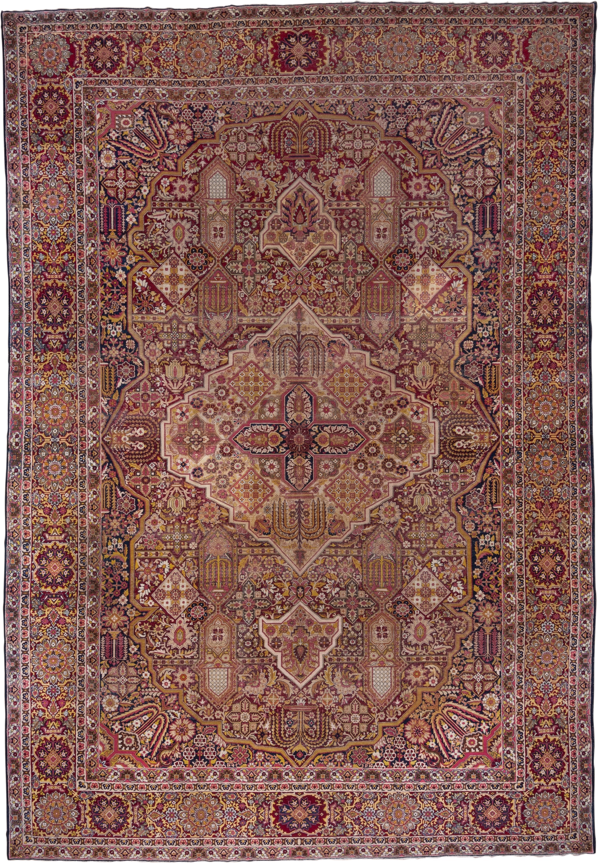 11' x 17' one-of-a-kind handmade antique Lavar oversize rug. Color palette: burgundy, ivory, navy, rose, gold, rust, camel
