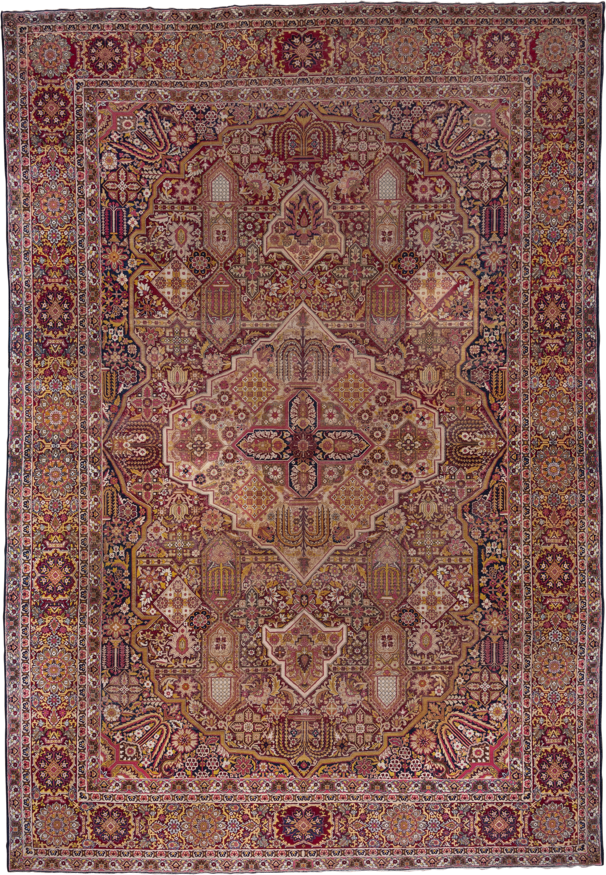11' x 17' one-of-a-kind handmade antique Lavar oversize rug. Color palette: burgundy, ivory, navy, rose, gold, rust, camel