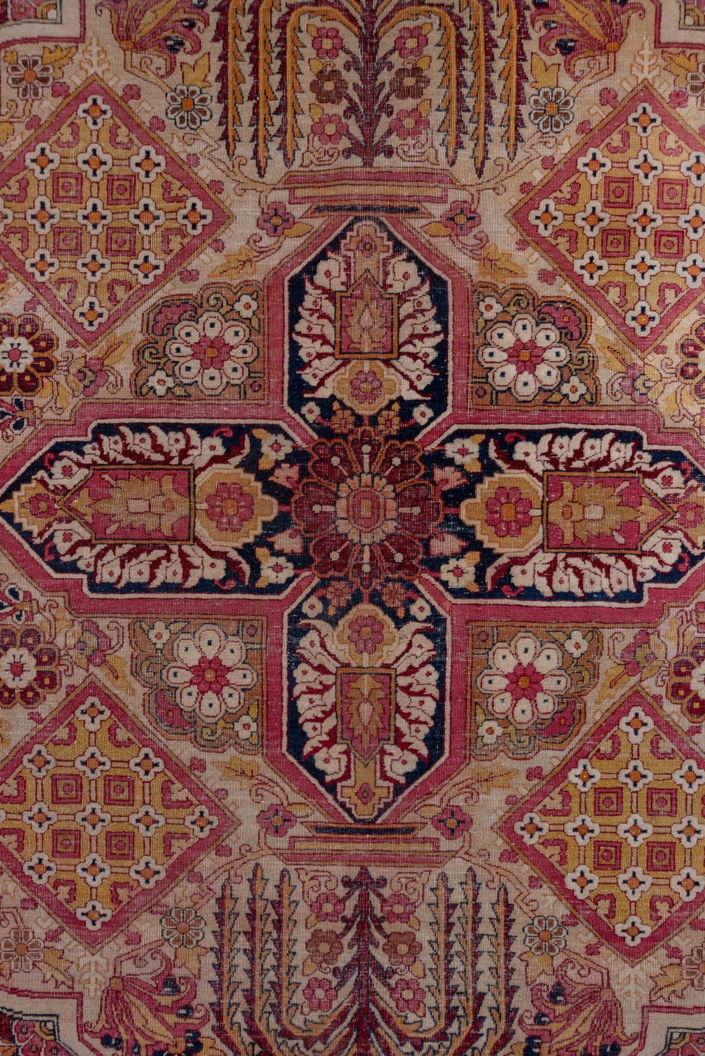 11' x 17' one-of-a-kind handmade antique Lavar oversize rug. Color palette: burgundy, ivory, navy, rose, gold, rust, camel