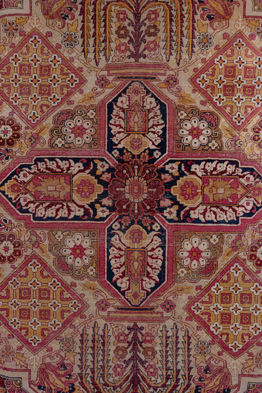 11' x 17' one-of-a-kind handmade antique Lavar oversize rug. Color palette: burgundy, ivory, navy, rose, gold, rust, camel