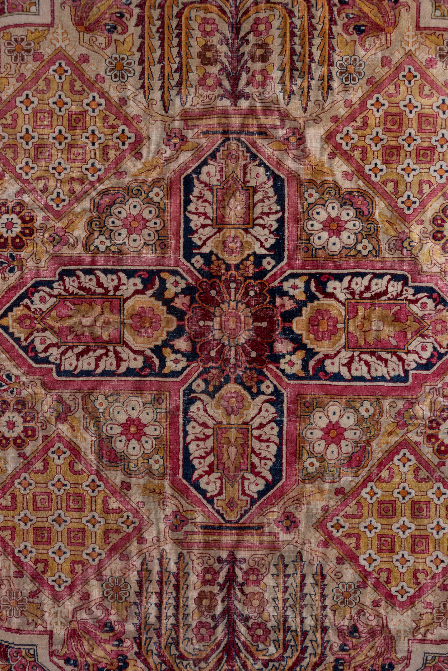 11' x 17' one-of-a-kind handmade antique Lavar oversize rug. Color palette: burgundy, ivory, navy, rose, gold, rust, camel