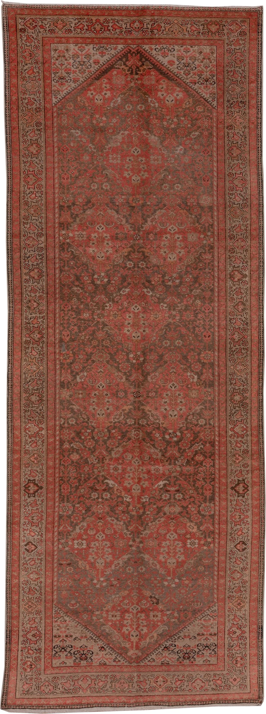 5' x 13' one-of-a-kind handmade antique Malayer rug. Color palette: rust, ivory, brown, terra cotta, charcoal, rose, taupe